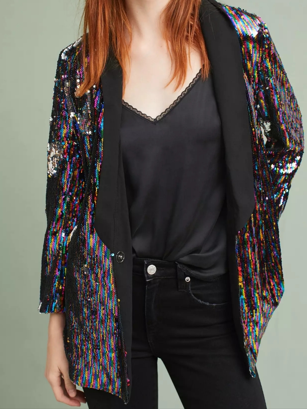 NWT Anthropologie Cartonnier Roza Black and Rainbow Sequin Blazer Size XL